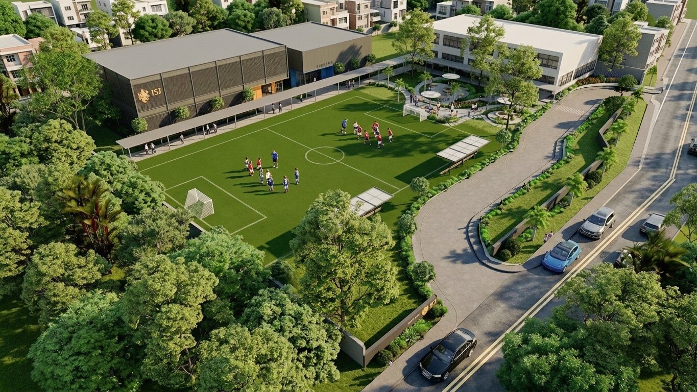 Architectural render of the ISJ Senior Campus aerial view in Pondok Indah, South Jakarta