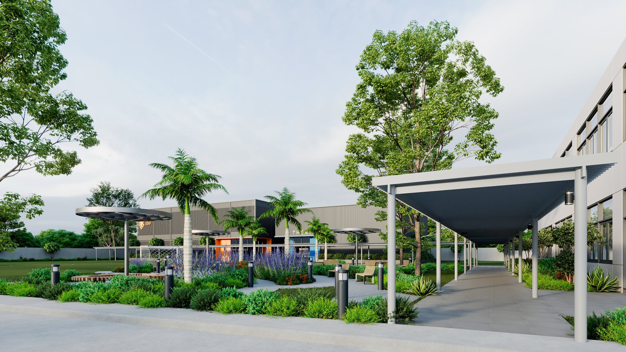 Architectural render of the landscaped garden courtyard at the ISJ Senior Campus, with palms, planting beds, and a covered walkway approach
