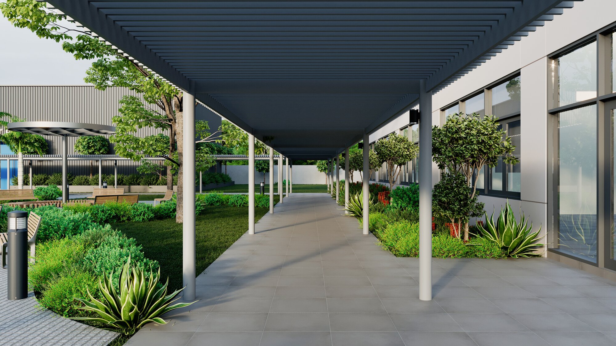 Architectural render of a covered pergola walkway between classroom blocks and gardens at the ISJ Senior Campus