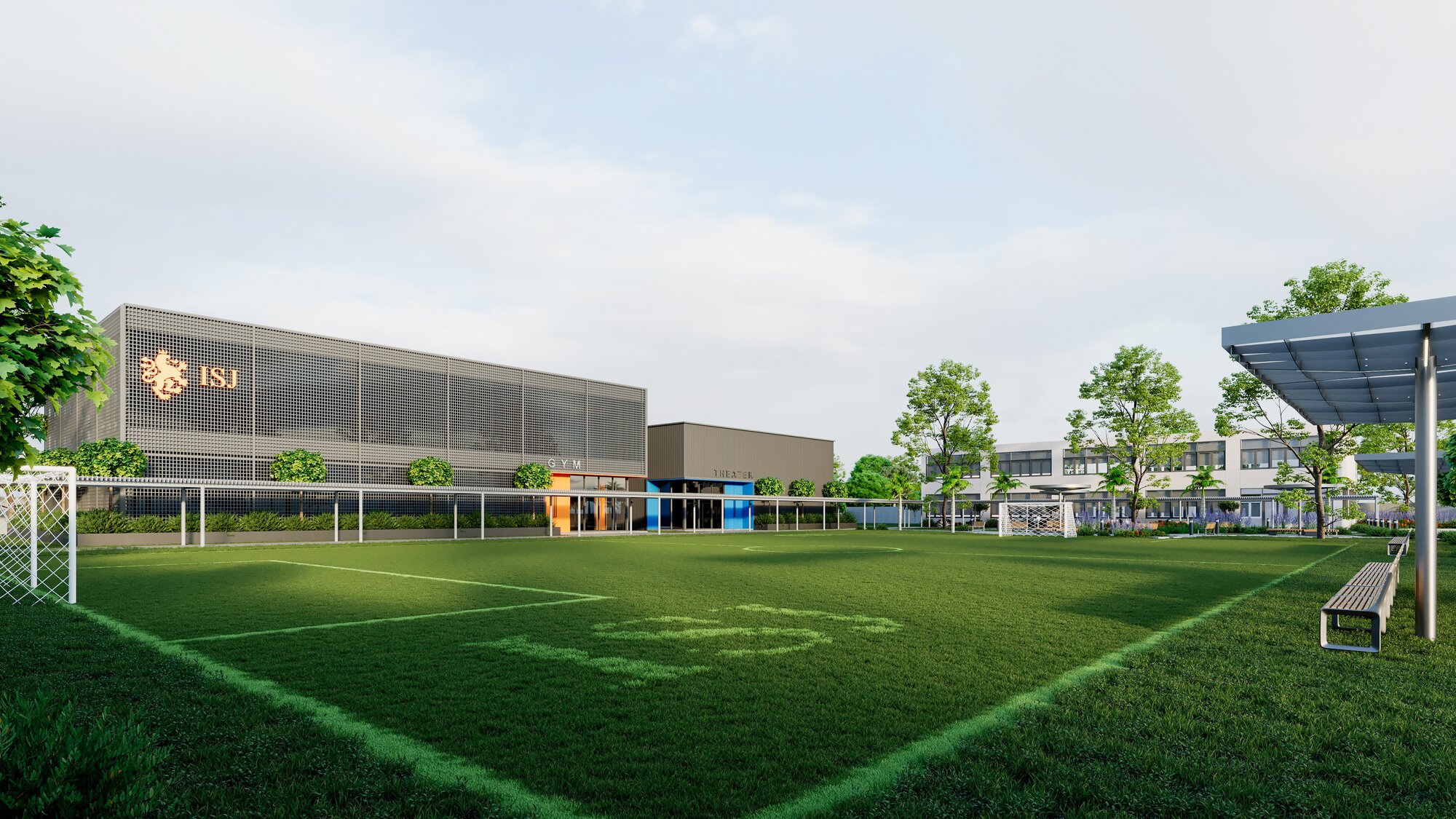 Architectural render of the ISJ Senior Campus football pitch with the Gymnasium and Theatre buildings beyond