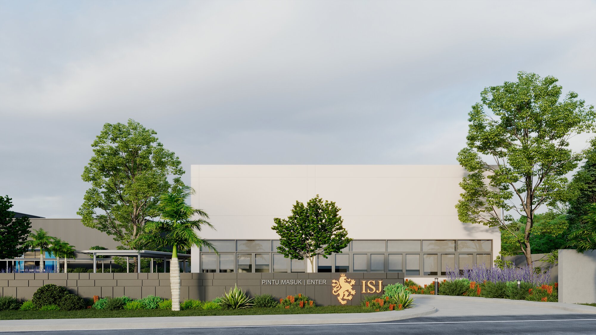 Architectural render of the ISJ Senior Campus entrance with the ISJ lion crest and bilingual 'Pintu Masuk | Enter' signage