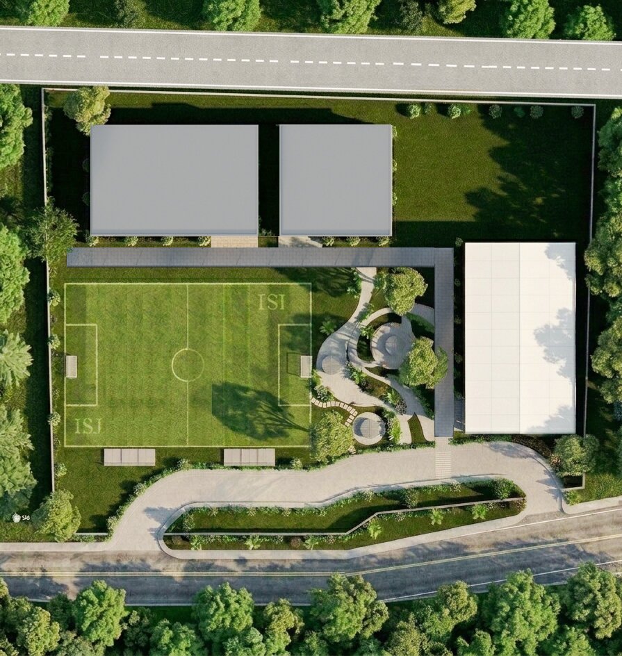 ISJ Senior Campus site plan showing the full layout with football pitch, buildings, and surrounding Pondok Indah neighbourhood