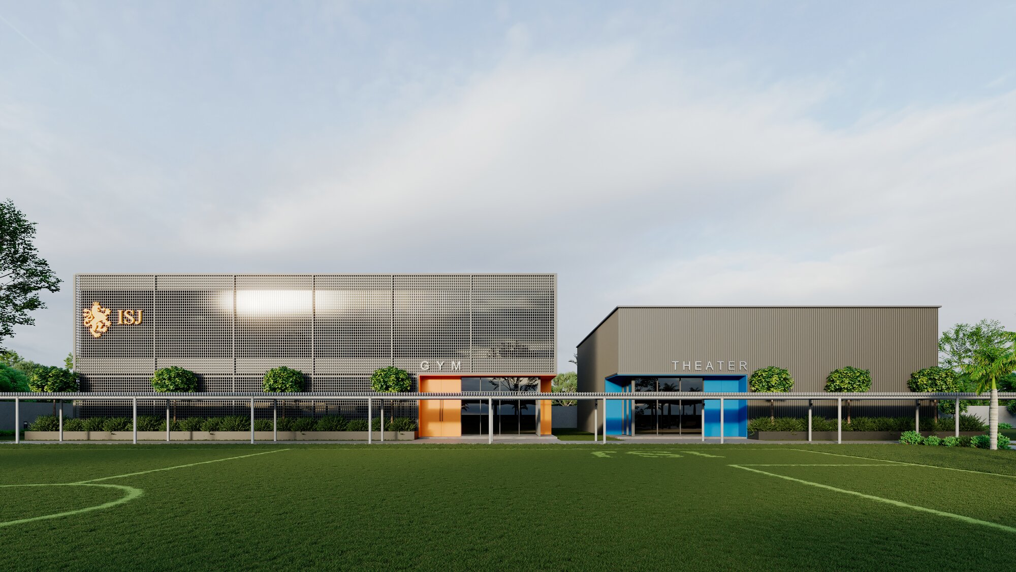 Architectural render of the ISJ Senior Campus football pitch with Theatre Hall and Gymnasium